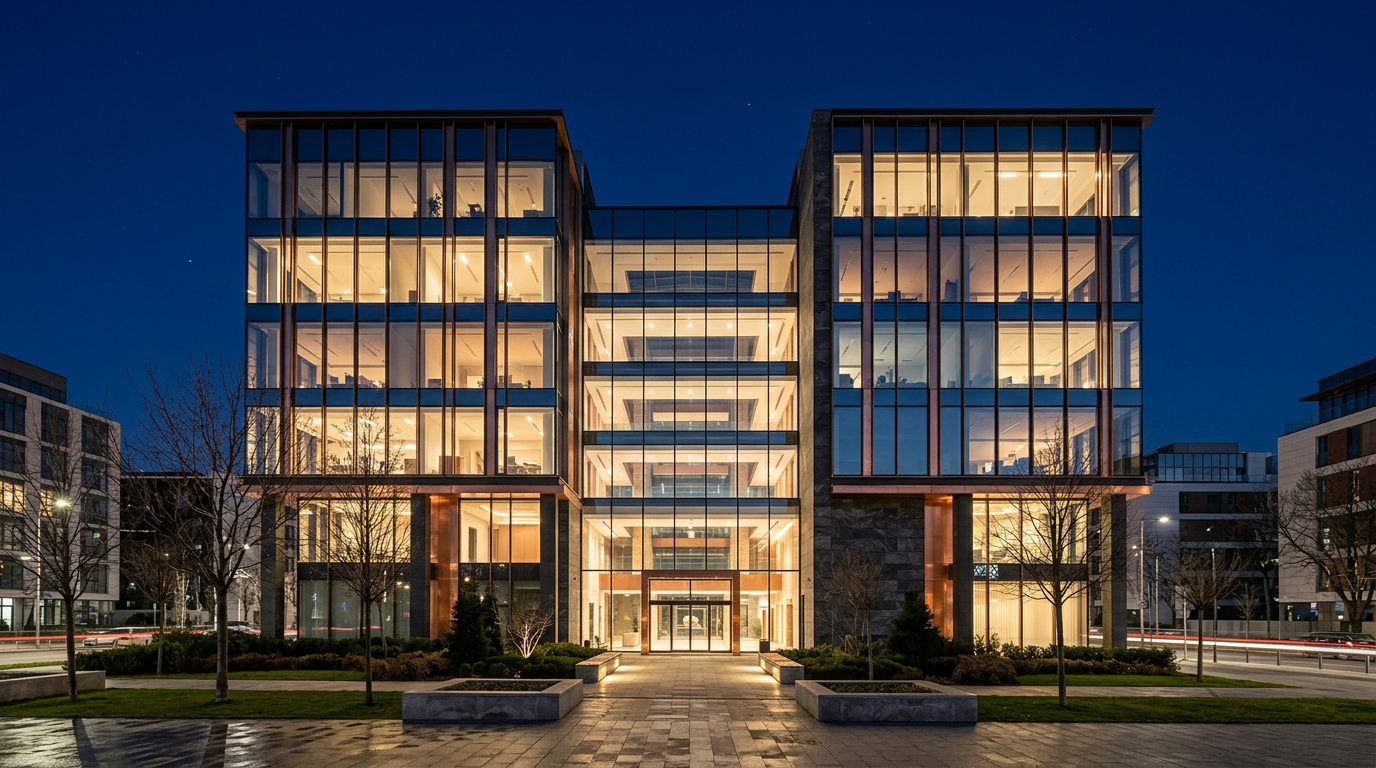 Modern office architecture in Bucharest at dusk